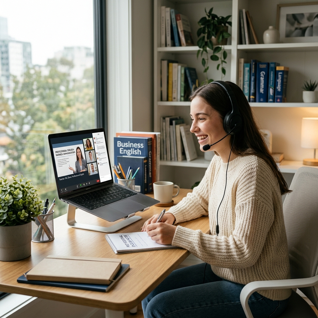 Student learning professional English online
